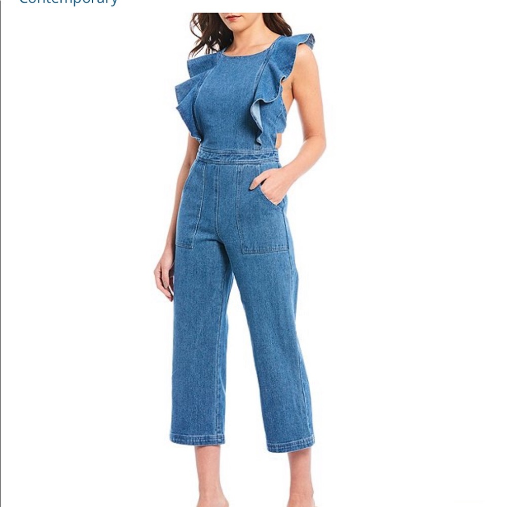 Sugar Lips Denim Open-back Ruffle Cropped Jumpsuit